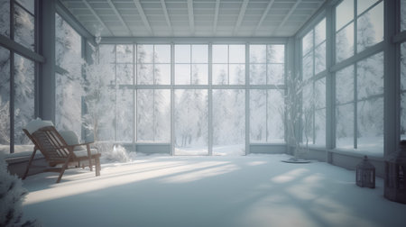 snowy living room with a large window and a wooden chairの素材
