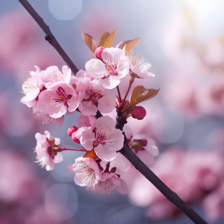 Blossoming branch with pink flowers on bokeh background, spring natureの素材