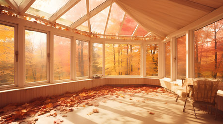 Interior of a room with a large window overlooking the autumn forestの素材