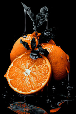 Orange fruit with juice splash isolated on black background. 3d illustrationの素材