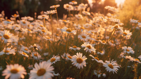 Field of daisies at sunset. Beautiful summer landscape with flowers.の素材