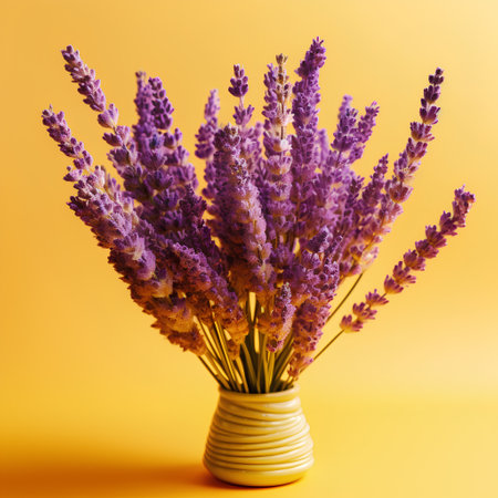Lavender bouquet in a vase on a yellow backgroundの素材