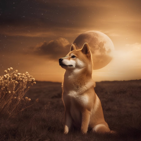 Shiba inu dog sitting on the meadow and watching the moonの素材