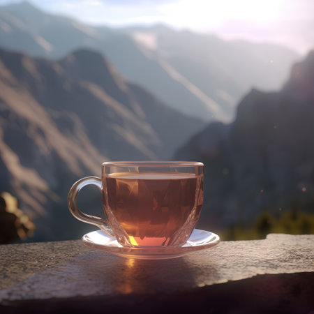 Cup of tea on the balcony in the mountains at sunset.の素材