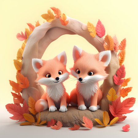 Cute foxes sitting in a wicker basket with autumn leavesの素材