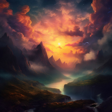 Fantasy alien planet. Mountain and lake. 3D illustration.の素材