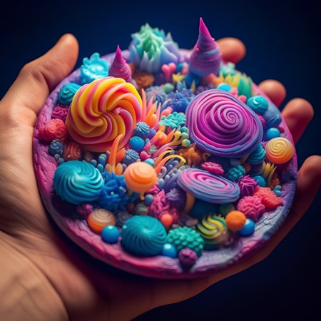 Hand holding colorful cupcakes with candies on dark blue background.の素材