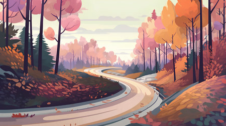 Autumn landscape with road in the forest. Vector cartoon illustration.の素材