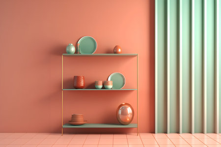3d render of a shelf with plates, vases and cupsの素材