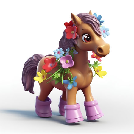3d rendering of a cute cartoon horse with flowers on white backgroundの素材