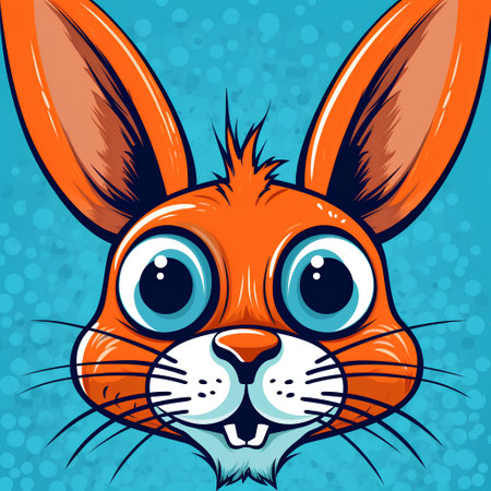 Cute cartoon rabbit head with big eyes on blue background. Vector illustration.の素材