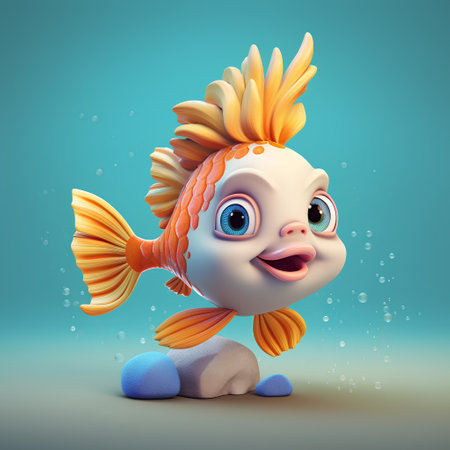 Cute cartoon goldfish with big eyes. 3D rendering.の素材