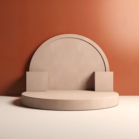 3d rendering of a minimal scene with podium and orange wall backgroundの素材