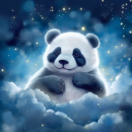 Panda sitting on a cloud in the night starry sky.の素材