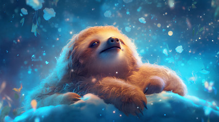 Cute baby sloth sitting on a cloud in the rain.の素材