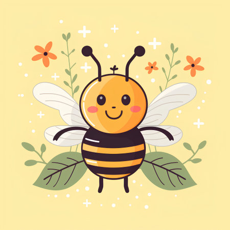 Cute cartoon bee with flower. Vector illustration in flat style.の素材