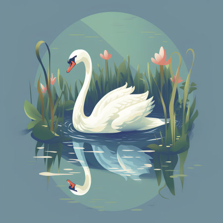 White swan swimming in the pond with flowers. Vector illustration.の素材