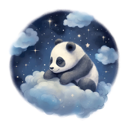 Panda sitting on a cloud in the night sky. Watercolor illustration.の素材