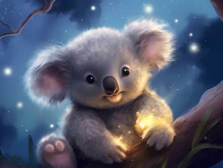 Illustration of a cute koala sitting in a tree at nightの素材