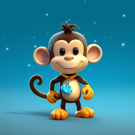 Cute cartoon monkey on blue background - 3D Illustration.の素材