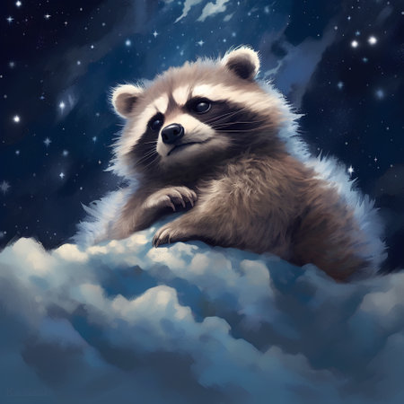 Cute raccoon sitting on a cloud in the night sky.の素材