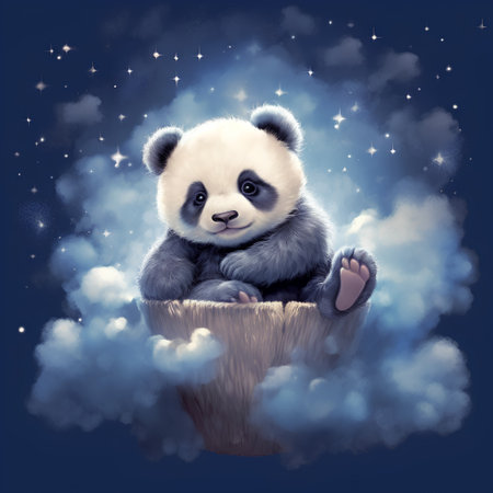Panda sitting on a cloud in the sky with stars and cloudsの素材
