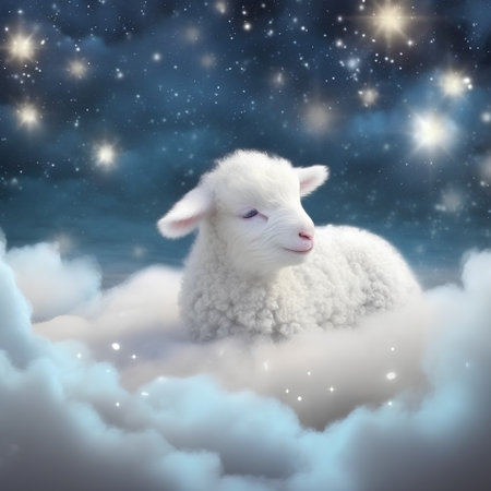 Lamb in the clouds with stars and snowflakes on backgroundの素材
