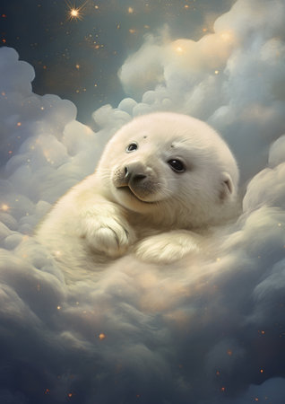 Polar bear in the sky with clouds. 3D illustration.の素材