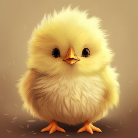 Cute little yellow chicken on a brown background. Vector illustration.の素材