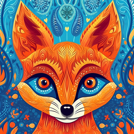 Beautiful fox with abstract pattern on blue background. Vector illustration.の素材