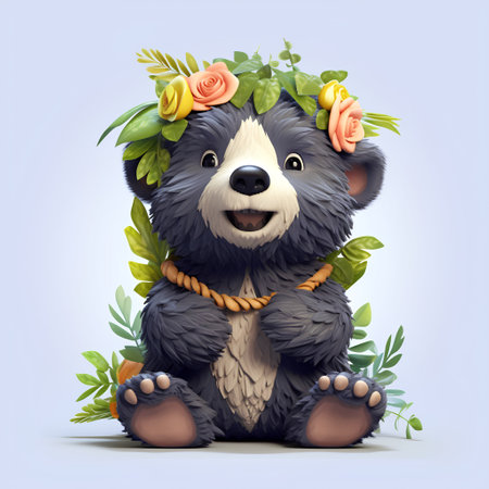 Cute cartoon bear with a wreath of flowers on his head.の素材