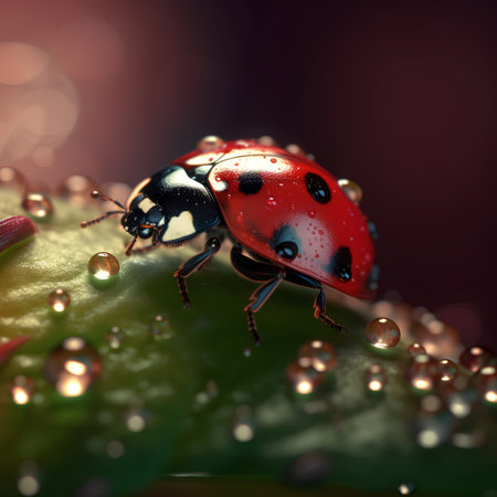 ladybug on a green leaf with water drops close-upの素材