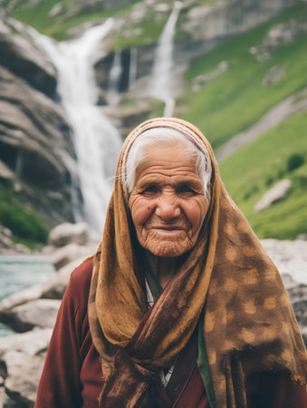 Old woman in traditional clothes with a beautiful waterfall in the background.の素材