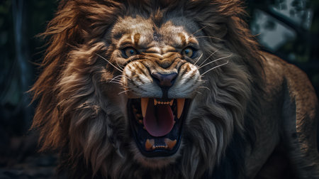 Portrait of a lion with open mouth. Close-up.の素材