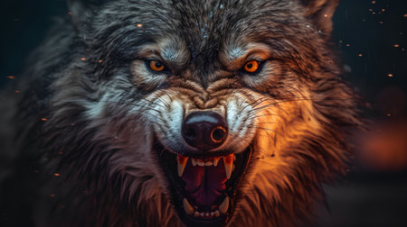 Furious wolf. Portrait of wild wolf with open mouth.の素材