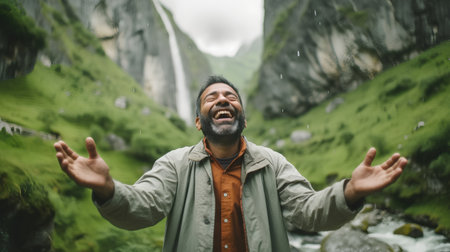Happy man with open arms enjoying a waterfall in the middle of a valley.の素材
