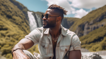 Handsome african american man in sunglasses looking away while sitting near waterfallの素材