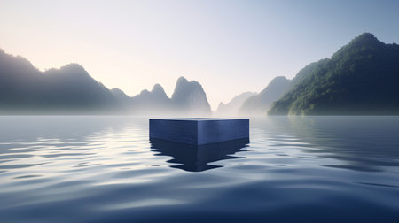 Wooden box on the lake in the mist. 3d renderの素材