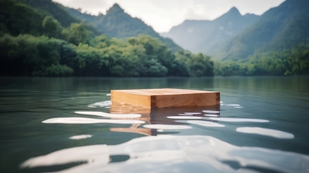 Wooden block floating on the surface of a lake with mountains in the backgroundの素材