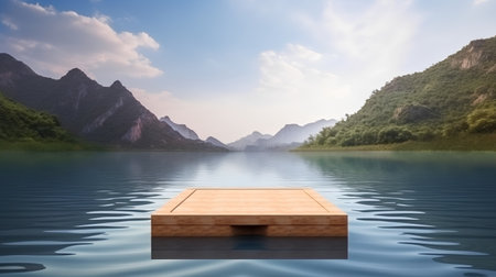 Wooden platform on the lake with mountain background,3d renderの素材