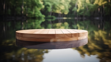 Wooden platform on the background of the forest and lake. 3d renderの素材