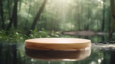 Wooden podium on the water in the forest. 3d renderの素材