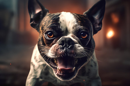 Portrait of a French bulldog with open mouth in the darkの素材