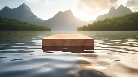 Wooden box floating on the water with mountain background,3d renderの素材