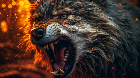 Furious wolf with open mouth and tongue out. Fire background.の素材
