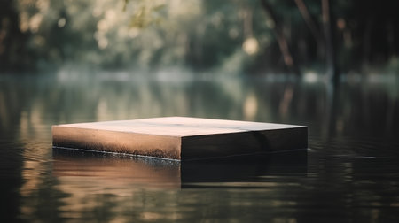 Wooden platform in the water with trees in the background, retro styleの素材