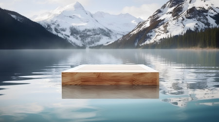 Wooden cube on the surface of lake with mountains in the backgroundの素材
