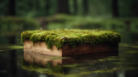 Green moss on a wooden board in the forest with reflection in waterの素材