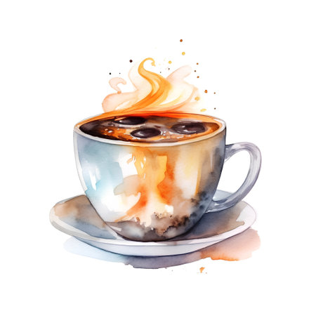 Coffee cup with milk splash. Watercolor hand drawn illustrationの素材