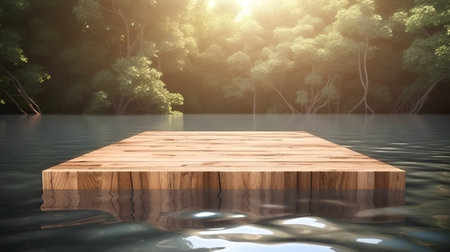 Wooden platform in the lake with trees in the background, 3d renderの素材